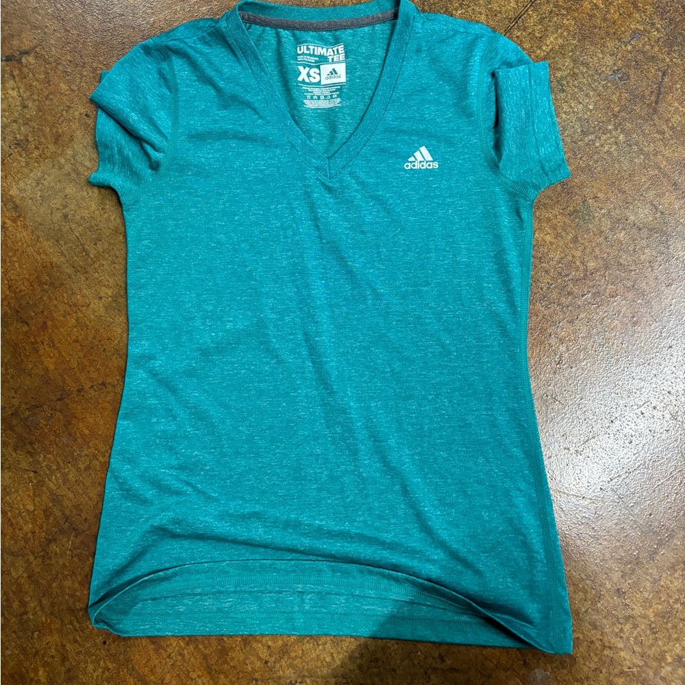 Adidas V Neck Tee Teal Heathered Short Sleeve XS